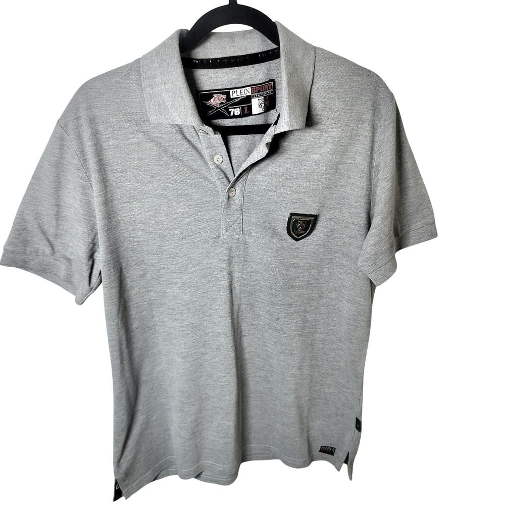 Plein Sport‎ Philipp Plein Mens Gray Tiger Shield Polo Shirt Size L 02050419